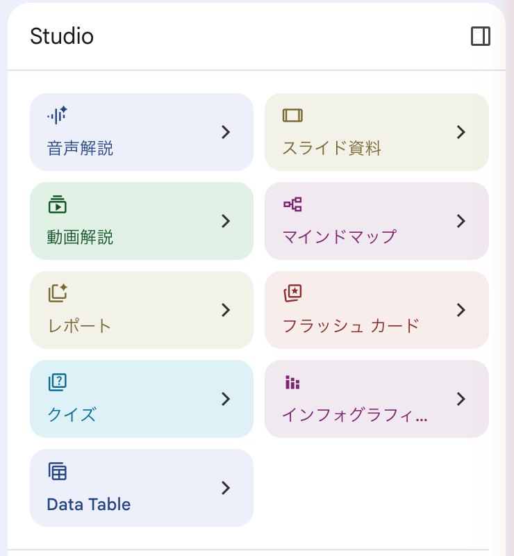 Studio パネル。音声解説・動画解説・レポート・マインドマップなどが並ぶ